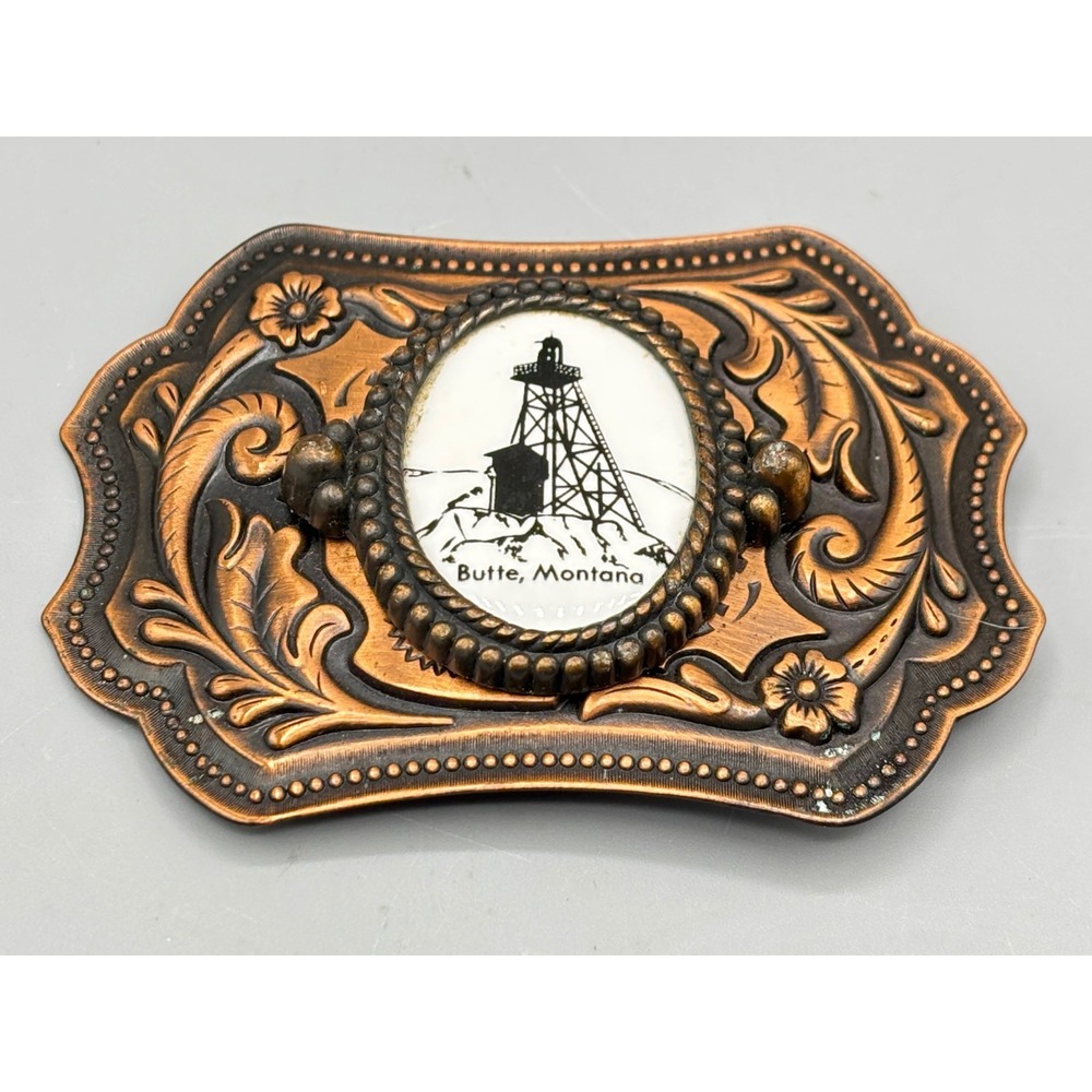 Vintage Butte Montana Mining Derrick Belt Buckle Copper Tone Western Souvenir